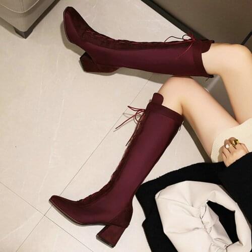 Lady Faux Suede Boots Cross Tied Comfortable Stretch Square Toe Knee High Boots Thick Heel Four Seasons Breathable Womens Shoes