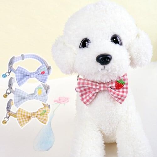 Cute Plaid Cotton Pet Dog Collar With Bell Bowknot Adjustable Puppy Kitten Necklace Fruits Pattern Cat Rabbit Kitty Accessories