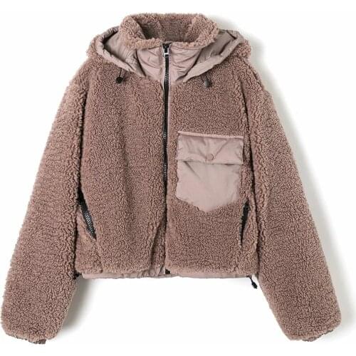 United States womens thickening lambs wool coat winter collar hooded fleece splicing zipper cotton-padded clothes