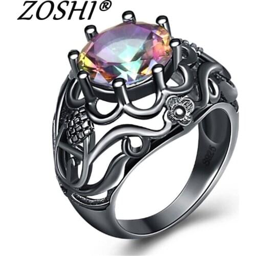 ZOSHI Unique Vintage Black Rings for Women Big Colorful Zircon Flower Wedding Engagement Jewelry anillos mujer Wholesale Price