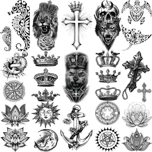 Small Face Tiger Wolf Crown Skull Temporary Tattoos For Women Adult Men Anchor Lotus Cross Thorns Fake Tattoo Hand Tatoo