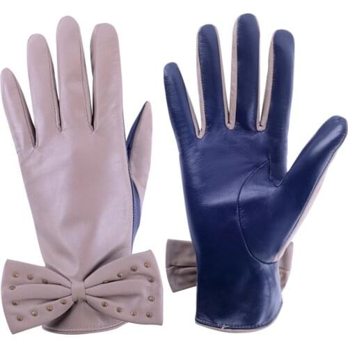 Women italian lambskin leather glove touch screen glove bowknot