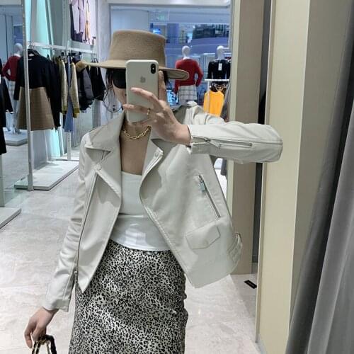 2021 Autumn Women Short Slim Pu Faux Soft Leather Jacket Turndown Collar Motorcycle Black Biker Coat Female Streetwear Outerwear