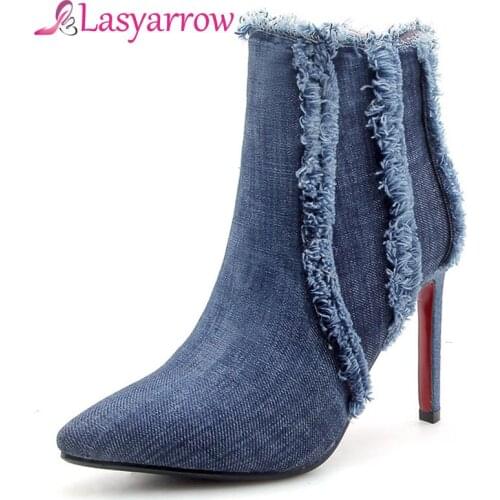 Lasyarrow 2018 Fashion Denim Ankle Boots Blue Ladys Tassel Pointed Toe Stilettos High Heels Autumn Winter Fringe Shoes Women