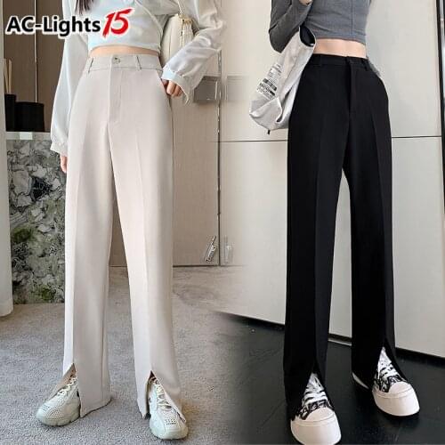 Korean Style Wide Leg Pantsuit Womens Classic Pants Suits White Casual Side Split High Waist Womens Trousers 2021 flare pants