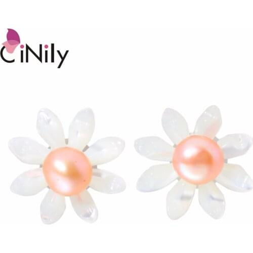 CiNily Created Shell Pearl Authentic 100% Solid 925 Sterling Silver Wholesale Flower for Women Jewelry Stud Earrings 12mm SE031