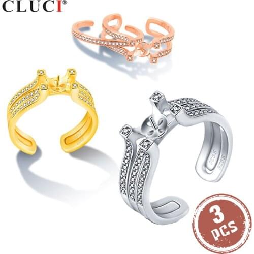 CLUCI 3pcs 925 Sterling Silver Adjustable Bridal Ring Sets Jewelry for Women Zircon Pearl Ring Mounting Double Rings SR2231SB
