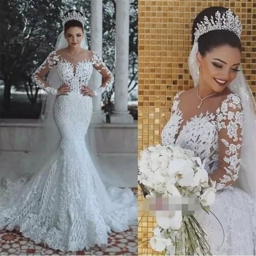 BANVASAC Sweetheart Vintage Lace Mermaid Wedding Dresses Illusion Appliques Long Sleeve Sweep Train Bridal Gowns