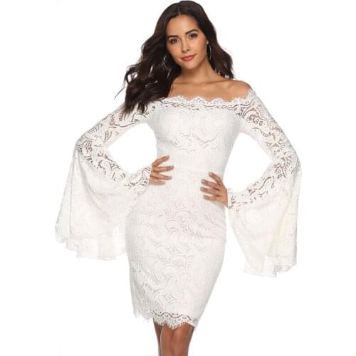 Europe Women White Lace Long Flare Sleeve Dress Slash Neck Off Shoulder Sexy Tight Dresses Party Clothing Summer Beauty Lady