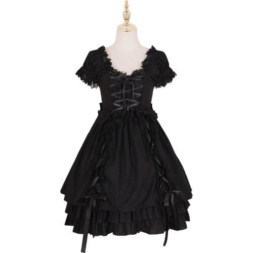 Gothic Black Lolita Dress Short Sleeve Lace Up Lace and Bows Lolita One Piece Dress