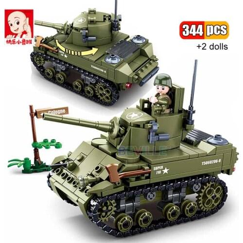 Sluban 344Pcs Military Series WW2 M5 Stuart Light Tank Building Blocks US Soviet Army Weapons Vehicles Bricks Toys Gift Children