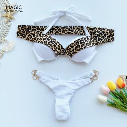 Leopard print pacthwork bikini Push up swimsuit female bathing suit thong Brazilian bikini High cut swimwear women Sexy biquini