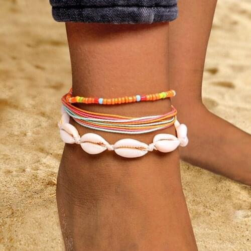 Meetvii 3pcs Handmade Weave Bobo Shell Anklet Set Fashion Chic Summer Wax Thread Bracelet Ankle for Women Beach Jewelry