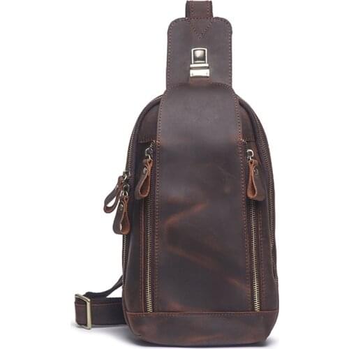 New vintage leather chest bag Mens Retro Skinny Crazy Horse Leather Chest Bag men Head Layer Leather Shoulder Crossbody Bags