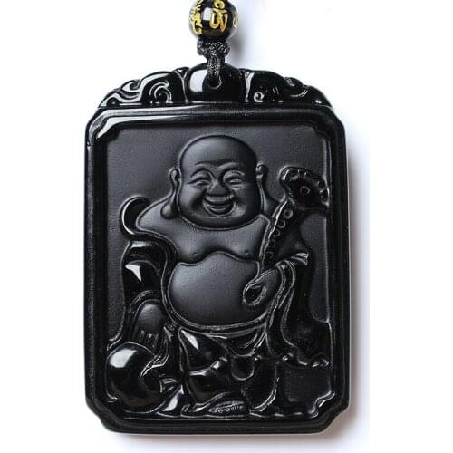 Natural Black Obsidian Bead Necklace Hand-Carved Buddha Jade Pendant Fashion Charm auspicious Jewelry for Man Women Amulet Gifts
