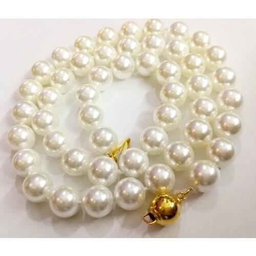 Woman classic jewelry necklace 10mm round bead Bright White Natural SOUTH SEA SHELL PEARL NECKLACE 18'' 45cm gold color clasp