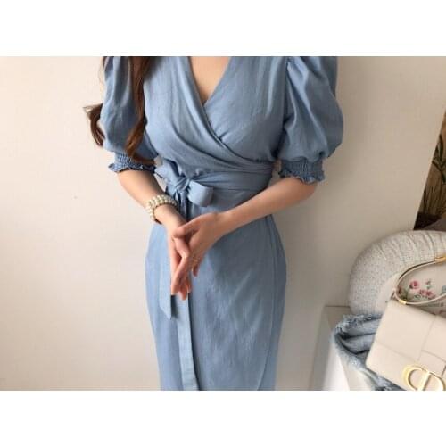 WTIANYUW 2021 Summer French V Neck Lace Up Bow Slim Fashion Design Puff Sleeve High Waist Thin Split Dress Two Colors