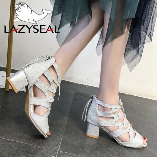 LazySeal Sandals Women Shoes Bling Sandals Cross-tied Back Zip Dress Shoes Women Gladiator Square Heels Lady Shoes Plus Size 43