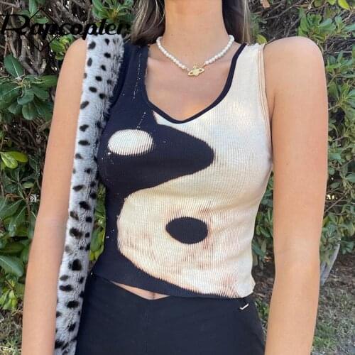 Rapcopter Printed Camis Patchwork Corset Top y2k Retro Crop Top Knitted Tank Top Streetwear Women Summer Vest Sporty Tops 2021
