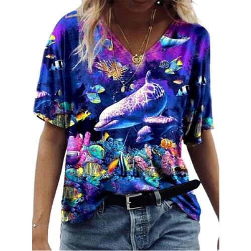 3D Marine Animal Print Women Short T Shirt Summer 2021 Fashion Street Hipster Female Tee Tops Casual V-Neck Loose Plus Size Top