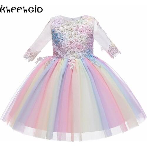 2021 summer new girls' wedding dress colorful medium sleeve flower girls' dress wedding dress piano performance embroidery dress