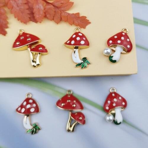 10 Gold-tone Mushroom Charm with Red Enamel Mushroom Faux Pearl Pendant Vegetable Jewelry Supply Red Mushroom in Bulk Charm
