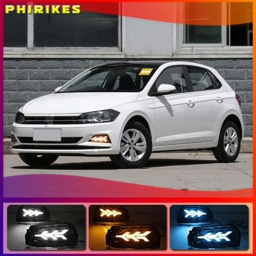 2PCS Car DRL LED Daytime Running Light Fog Lamp Sequential Yellow Turn Signal Function 12V For Volkswagen Polo 2018 2019