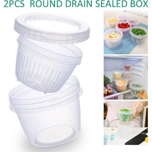 2pcs Round Drain Sealed Box Plastic Food Container Refrigerator Storage Boxes Suitable for Scallion Ginger Garlic
