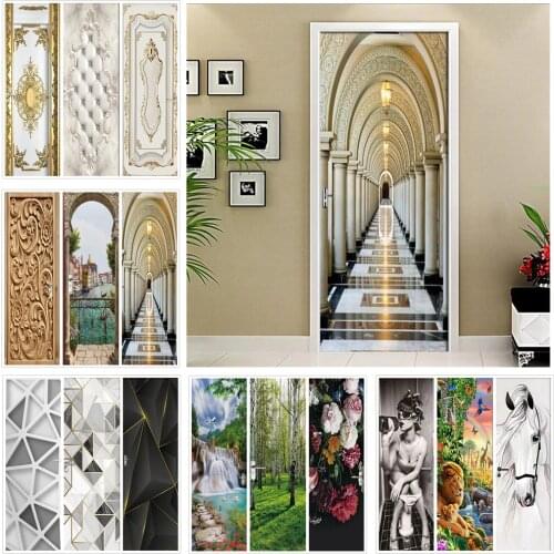 3D Pvc Door Sticker Modern Landscape Diy Abstract Wallpaper Living Room Art Door Poster Self-Adhesive Mural Stickers Home