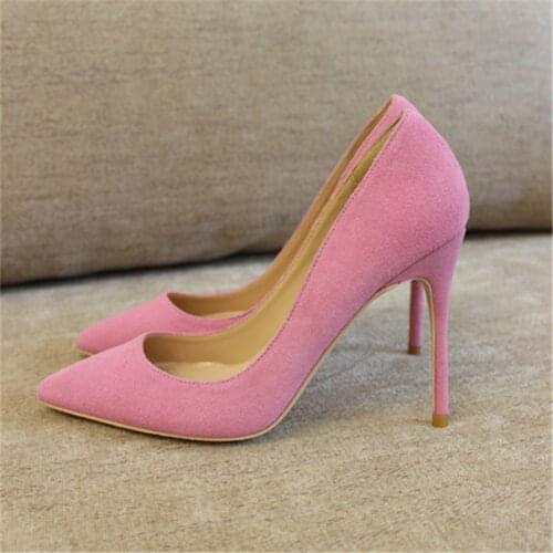 Free shipping fashion women Pumps lady Pink Suede real leather Pointy toe high heels shoes size33-43 12cm 10cm 8cm Stiletto