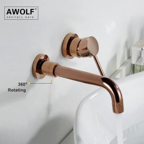 Shiny Rose Gold Wall Mounted Bathroom Basin Sink Faucet Tap Solid Brass Polishing Mixer Single Handle With Rotating Spout ML8037