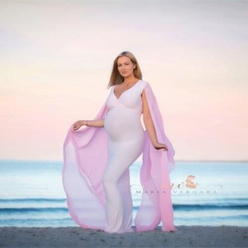 Long Flying Chiffon Sleeve Maternity Gown For Photo Shoot V-neck Stretchy Cotton Fitting Pregnant Woman Baby Shower Dress