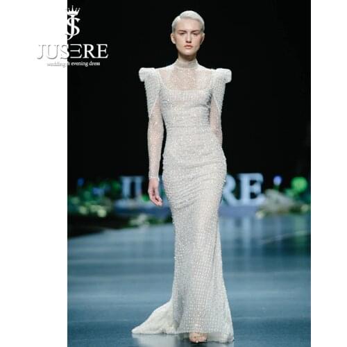 JUSERE 2019 SS FASHION SHOW High Collar Ivory Mermaid Wedding Dress Long Sleeve Beadeds Sweep Train Bridal Gowns Robe De Mariage