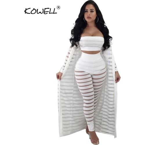 Hot sale stripe white transparent jumpsuits rompers Three-piece suit cardigan playsuit Bodycon jumpsuit women winter overalls