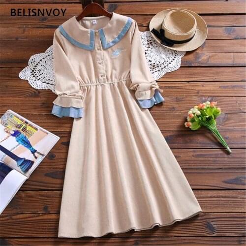 Autumn Winter Mori Girl Cute Solid Corduroy Sweet Dress Japan Preppy Style Peter Pan Collar Elegant Vintage Women Vestidos