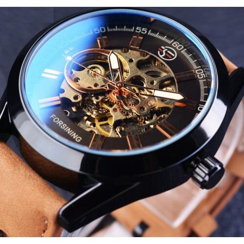 Luxury Gear Steampunk Open Work Brown Genuine Belt Mens Watch Top Brand Luxury Automatic Skeleton Watches