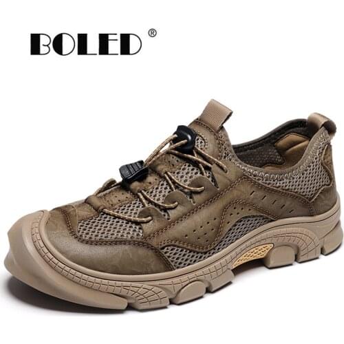 Mens Genuine Leather And Mesh Men Shoes Comfortable Man Casual Shoes Outdoor Non-slip Breathable Shoes Men
