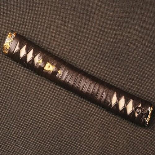 Straight Tsuka Brown Leatherette Ito & Genuine White Rayskin & Brass Fuchi Kashira Fitting for Japanese Sword Katana Handle PH9