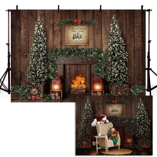 Christmas Photography Background Christmas Tree Fireplace Kids Children Party Wooden Backdrop Decoration Props For Photo Studio