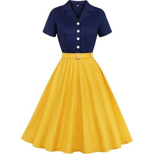 Short Sleeve Ladies Summer Dress VD1430 3XL 4XL Plus Size Purple Yellow Dress Cotton Swing 50S Retro Vintage Dresses