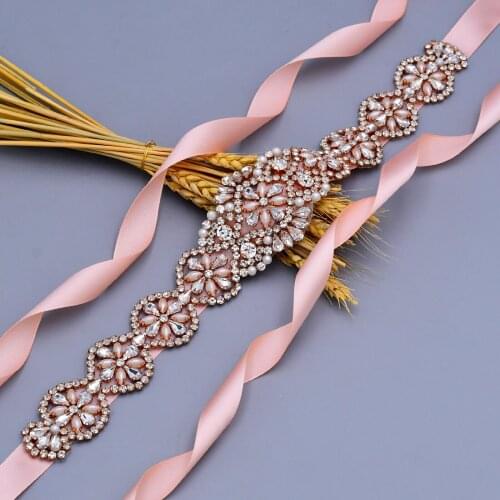 ZMS161-RG Rose Gold Bridal Belt Jeweled Belt Pearl Belts for Wedding Evening Dresses Red Sash Belt Rinestone Belt for Women
