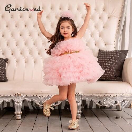 Layers Ball Gown Girl Party Dress Tulle Puffy Girl Princess Dress Sequin Belt Girl Birthday Dress Strapless Baby Girl Dress 2021