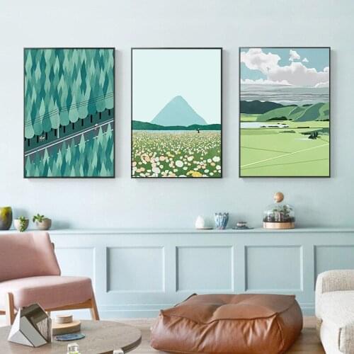 Fresh Illustration Cartoon style Scenery of all seasons Wheat field decorative Picture Canvas Wall Art Poster for room decor