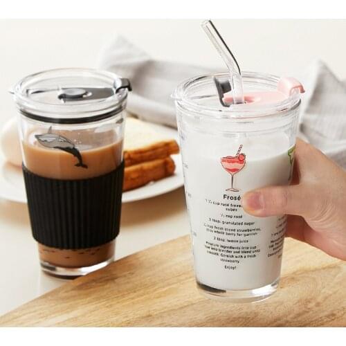 450ml Heat-Resistant Scale Car Water Milk Insulation Non-Slip Cover Straw Set Travel Glass Mug Coffee Cup