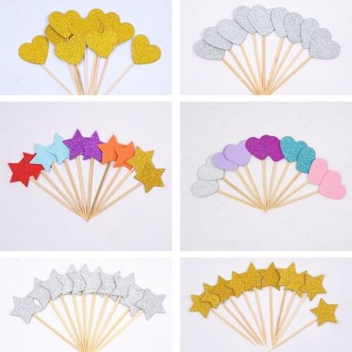 40pcs Cake Flag Golden Heart Star Cupcake Toppers Baby Shower Birthday Party Decorations Kids Wedding Decoration Cake Toppers