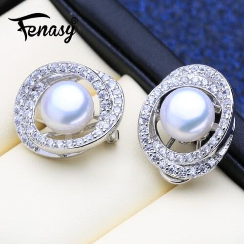 FENASY Pearl Jewelry Natural Freshwater Pearl Earrings Big Size 925 Sterling Silver Stud Earrings Geometric Wedding Earrings