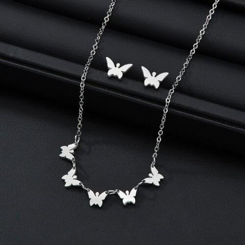 Jewelry Sets Women Elegant Butterfly Pendant Necklace Stud Earrings Jewelry Set Neck Chain Stainless Steel Jewellery Part