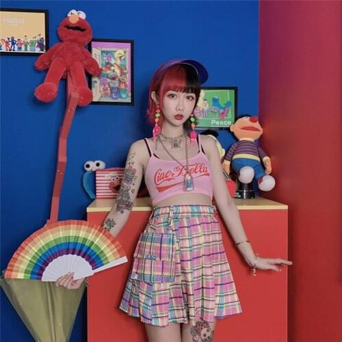 Summer 2020 New Women Plaid Skirt Korean Version Of The Ghost Horse Girl Pink And Sweet High Waist Wide Ladies Skirt Tie Chain
