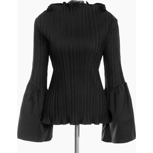 Women Elegant Crinkled Blouse Flare Sleeve High Waist Tunic Long Sleeve Pleated Tops