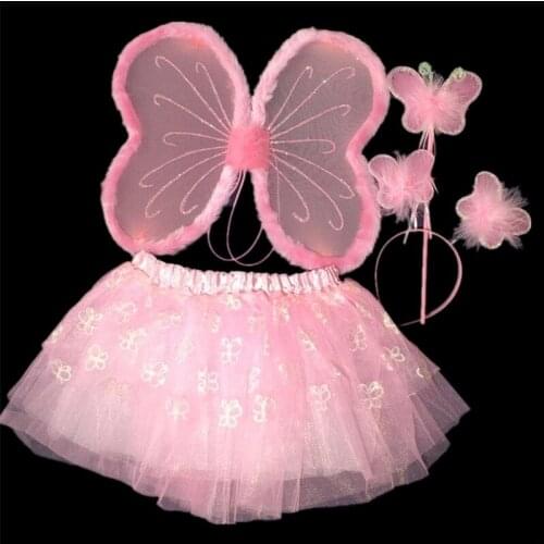 Girl Fairy Wing Skirt Magic Rod Wands Headband Princess Butterfly Costume Wings for Kids Dress Up Birthday Party Festival Decor